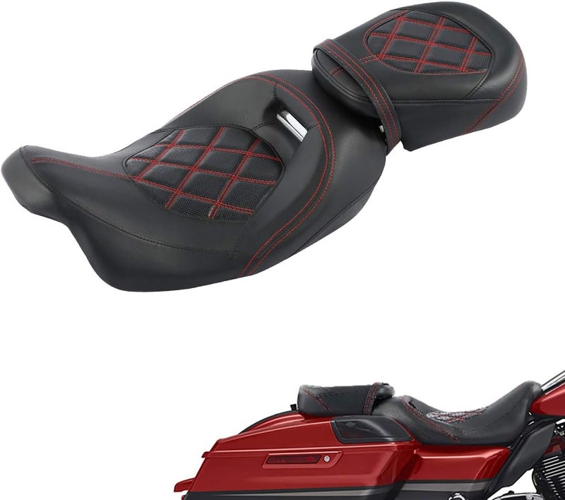 XFMT Red Stitching Low-Profile Leather Seat Pillion Passenger Rider Seat Set For Harley Touring Road King Street Glide Road Glide Electra Glide CVO 2009-2023 - Image 1